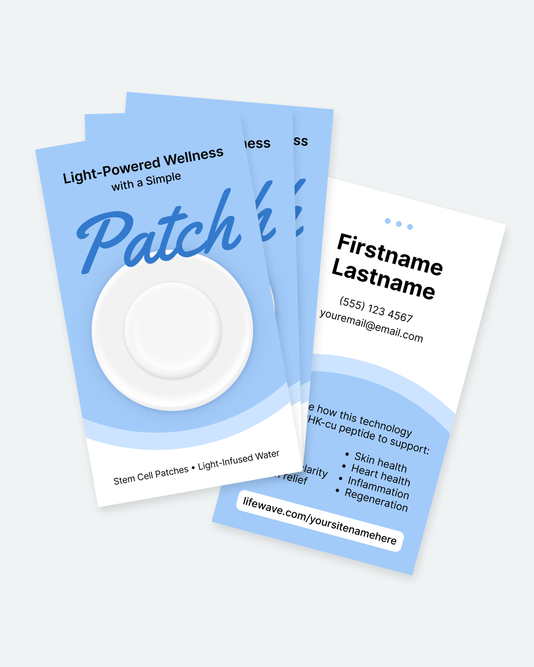 A set of custom wellness business cards and a stem cell patch mockup. The cards are light blue and white with placeholder text for a company named 'lifewave' and feature a circular white stem cell patch illustration.